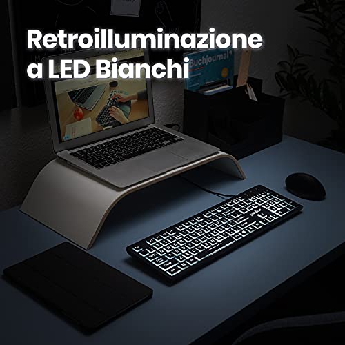 Perixx PERIBOARD-317 Tastiera Retroilluminata USB, LED Bianchi, Layout Italiano