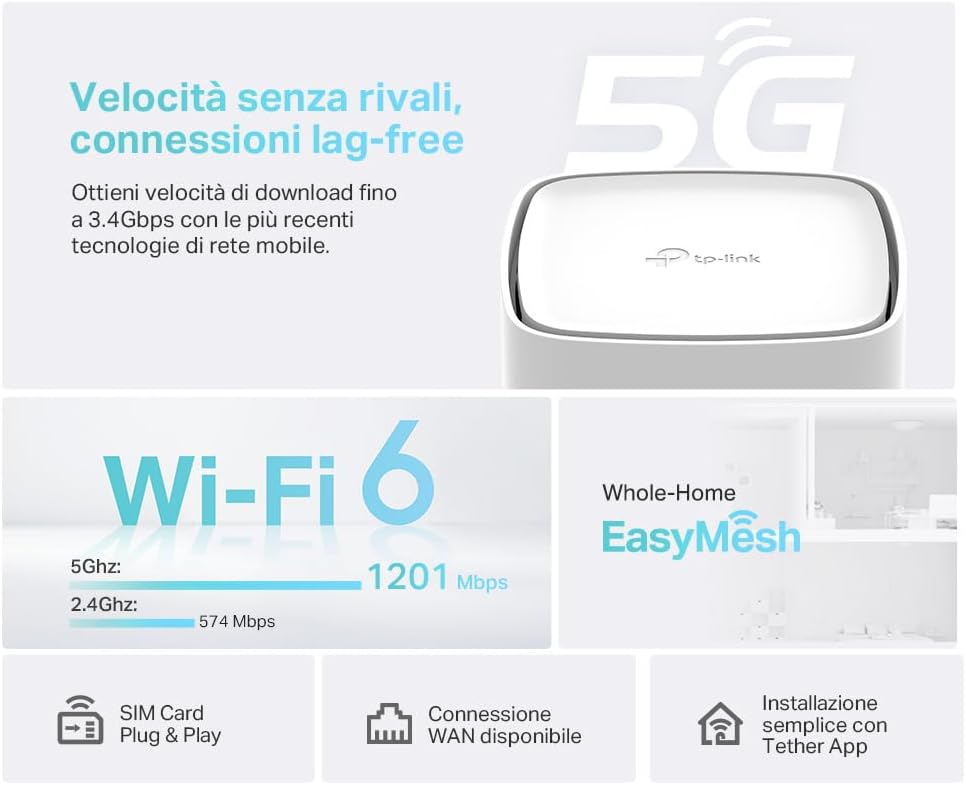TP-Link Archer NX200 Router 5G Wi-Fi 6 AX1800 Mbps con SIM, Dual Band, Plug & Play, Porta Gigabit WAN/LAN, 4K-QAM, Beamforming, 8 × 5G/LTE, 2 × Wi-Fi Antenne Interne, EasyMesh, HomeShield