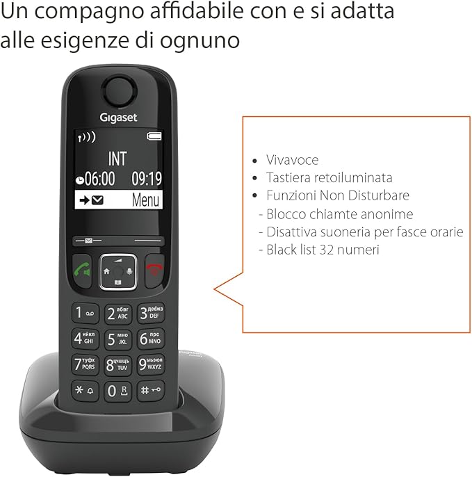 Gigaset AS690 Telefono Portatile Cordless con Vivavoce Alta Qualità, Tastiera Illuminata ed Ampio Display, Black List, Lista Chiamate Fatte, Ricevute e Perse, Nero