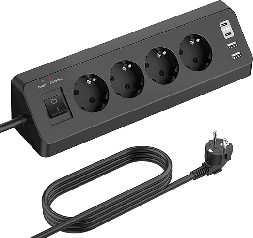 Presa Angolare Multipresa Elettrica con 2 USB-A, 2 USB-C e 4 Prese, Ciabatta con Interruttore e Protezione Sovratensione, Cavo 2m, Nero