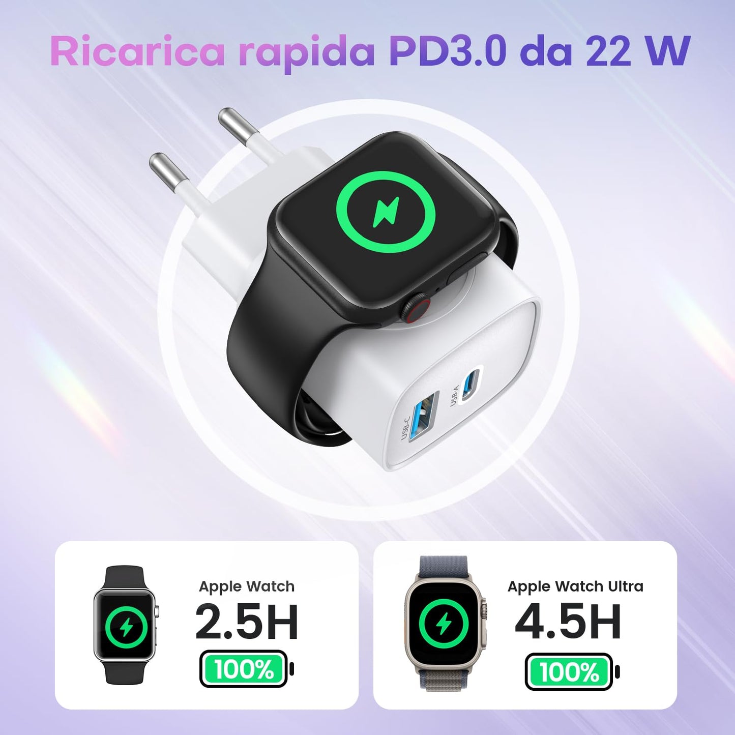 Caricatore per Apple Watch blocco di ricarica rapida 20W, blocco Caricatore da muro USB C PD 3 in 1 per Caricatore iWatch Nero