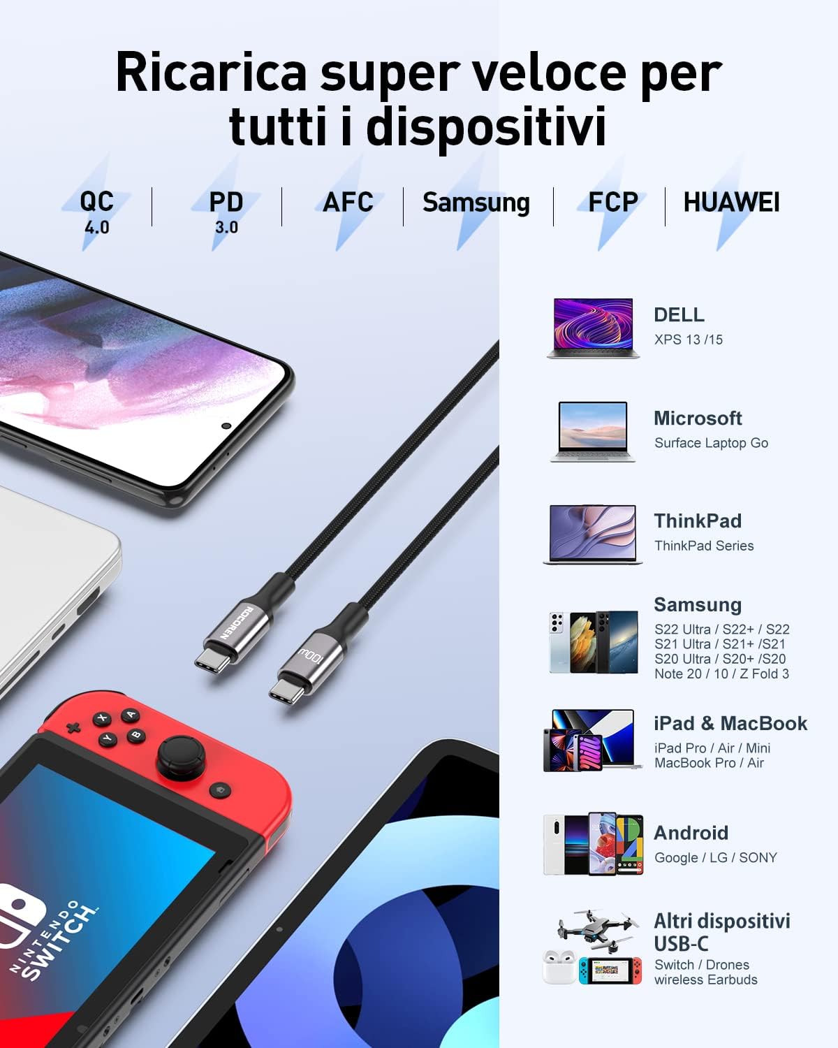 Cavo di ricarica rapida Type-C, da USB-C a USB-C 1M