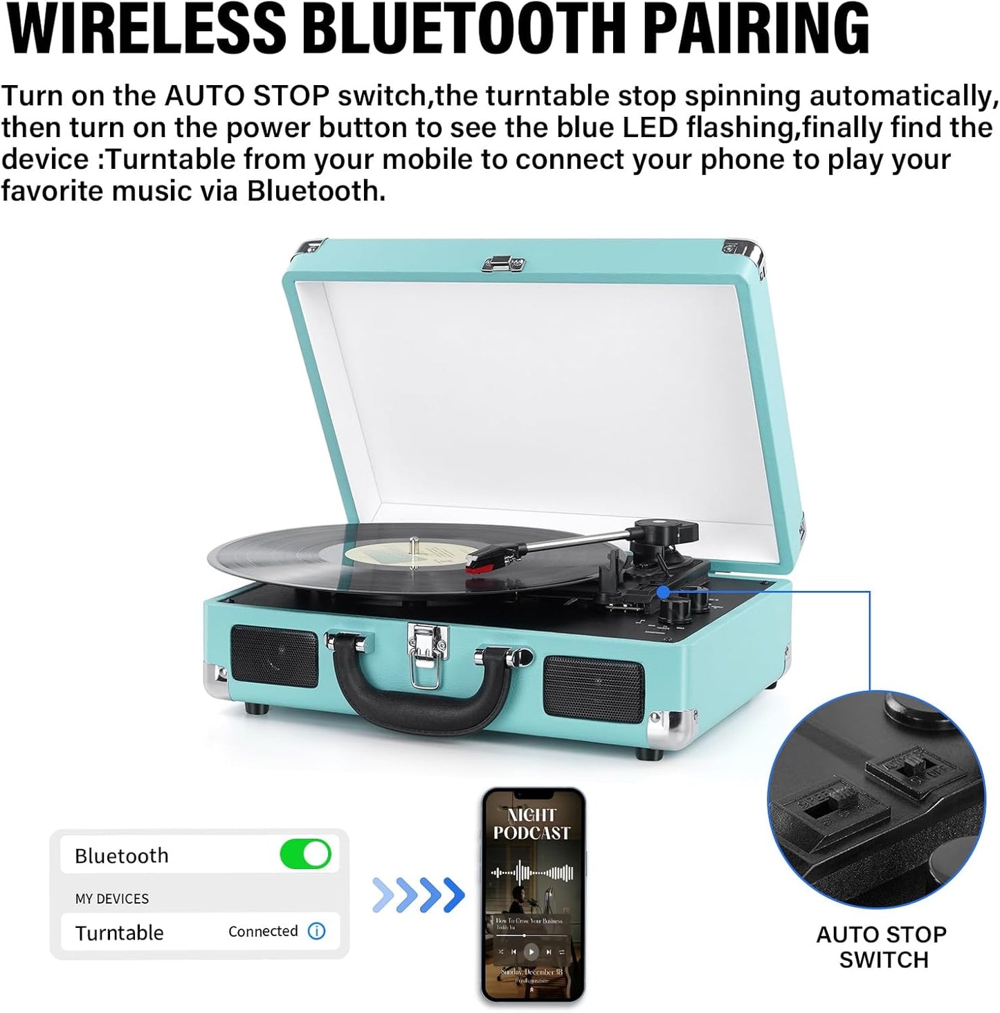 Giradischi Bluetooth, con 3 velocità e altoparlanti integrati, con uscita RCA/AUX-IN