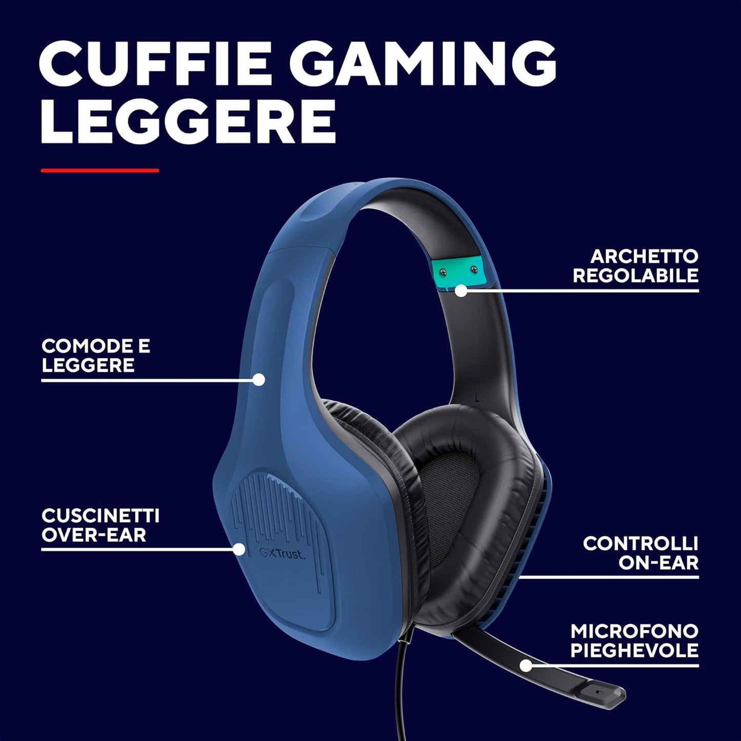 Trust Gaming GXT 418B Rayne Lightweight Gaming Headset - 3.5mm Jack, 50mm Drivers, Foldaway Microphone, Over-Ear, Wired, 2m Cable, for PC, Xbox, PS4, PS5, Switch, Mobile - Blue