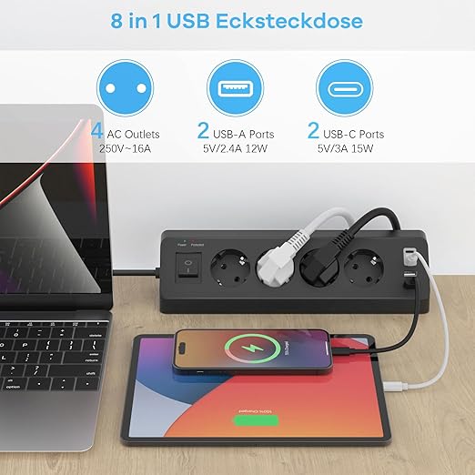 Presa Angolare Multipresa Elettrica con 2 USB-A, 2 USB-C e 4 Prese, Ciabatta con Interruttore e Protezione Sovratensione, Cavo 2m, Nero