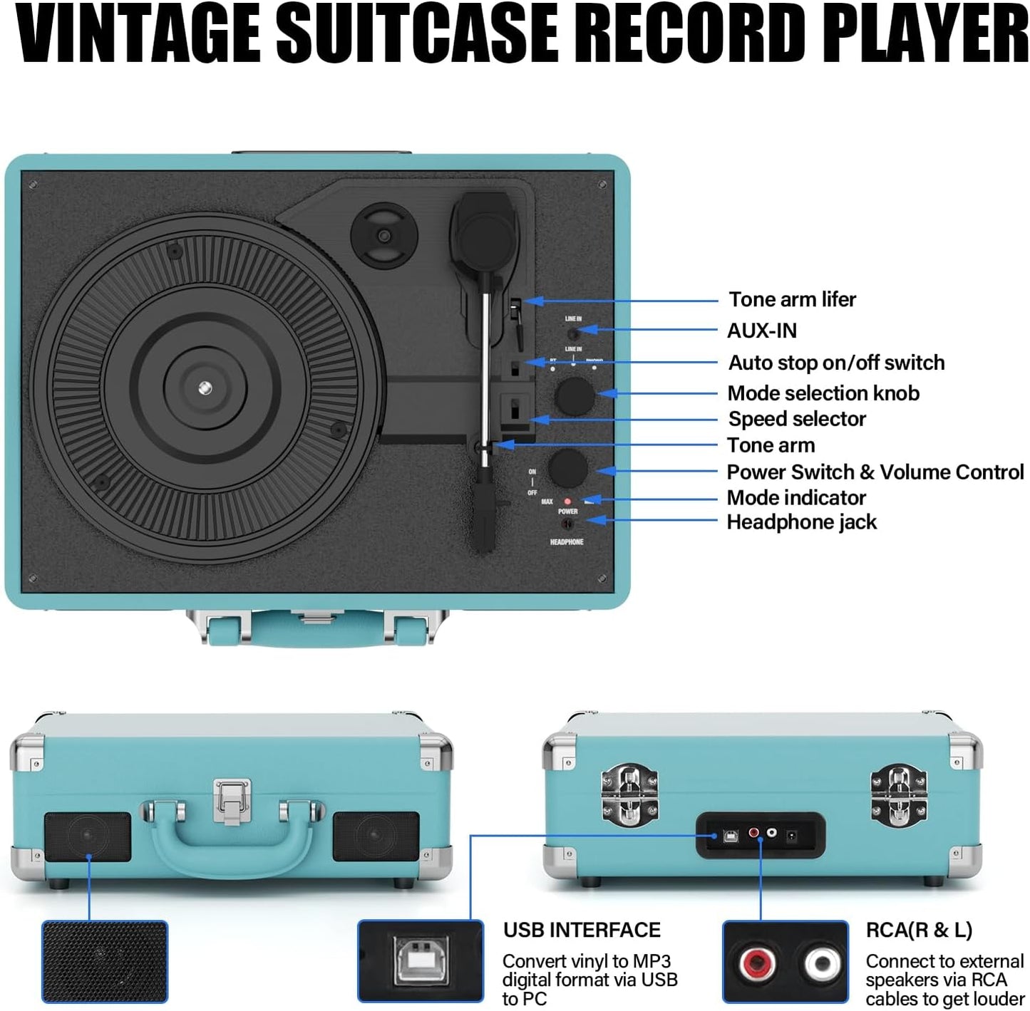 Giradischi Bluetooth, con 3 velocità e altoparlanti integrati, con uscita RCA/AUX-IN