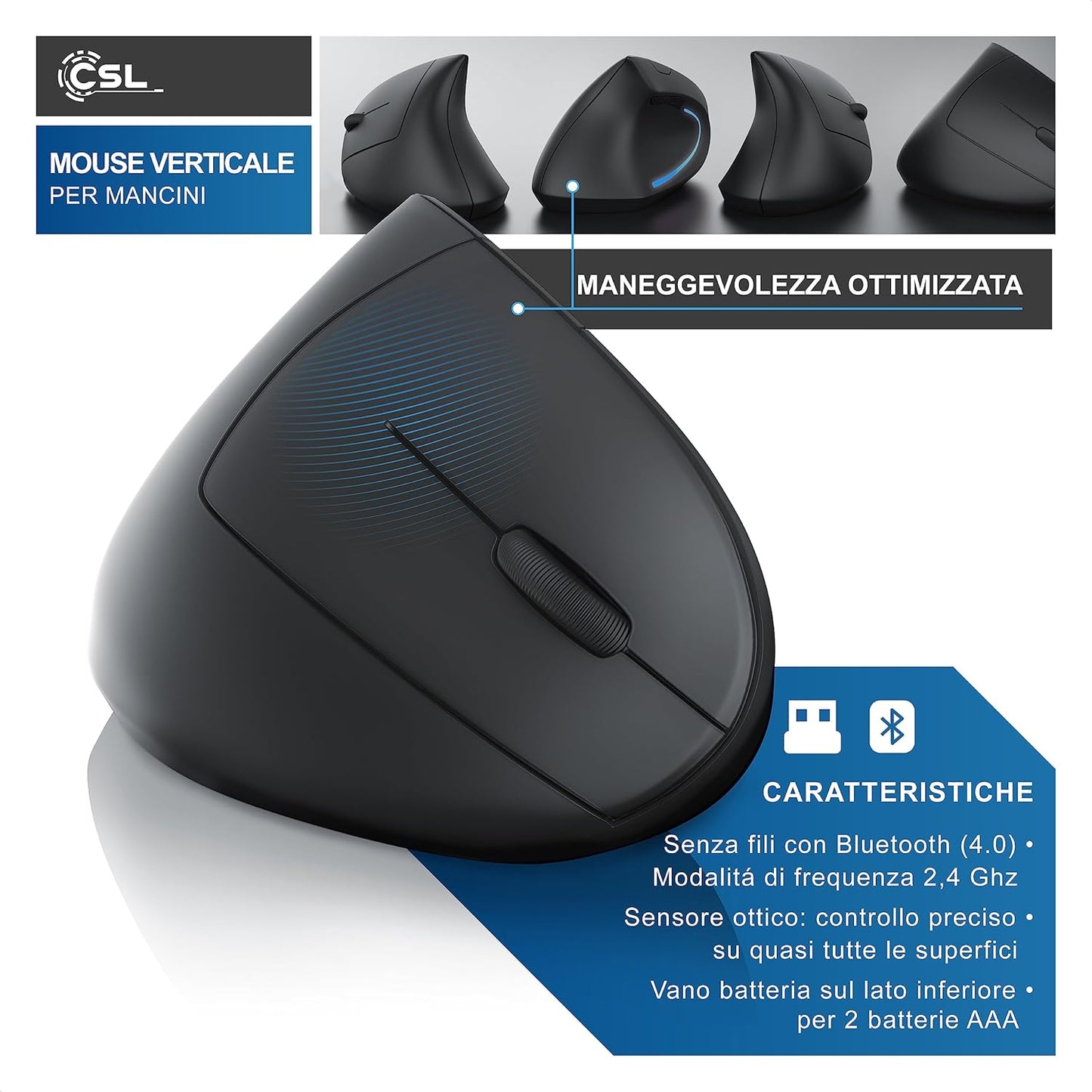 CSL - Mouse Wireless per Mancini - Mouse Verticale Bluetooth e modalitá Radio 2,4 GHz - Verticale ergonomico - prevenzione per Il Braccio da Mouse e Tunnel Carpale - per PC Laptop Notebook