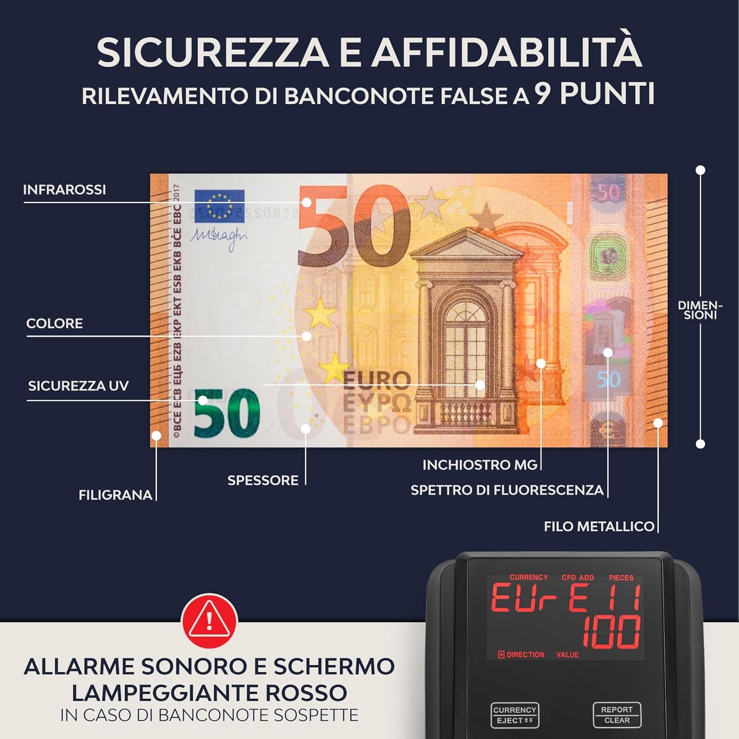 ZENACASA Rilevatore Banconote False e Conta Banconote con schermo tattile - per EUR, USD e GBP -