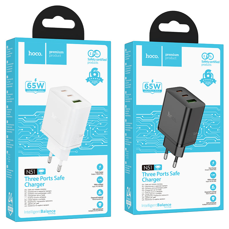 Caricabatterie 2XUSB-C 65W + USB QC 3.0 - White