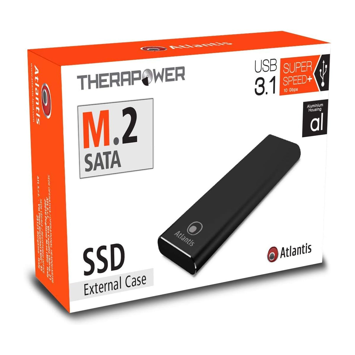 Atlantis DiskMaster M2 esterno con porta USB-C 3.1.Vai M.2/NCFF SATA OGNIlaterale in alluminio satinato