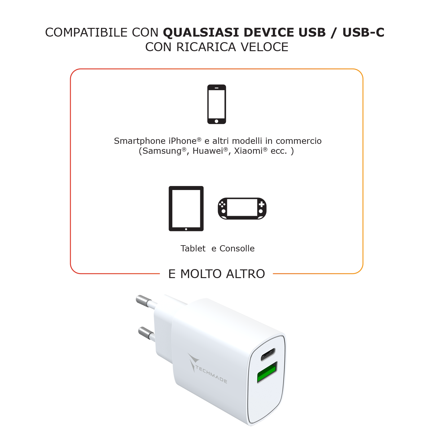 TECHMADE CARICABATTERIE 20W 1porta USB-C/USB-A FAST CHARGE