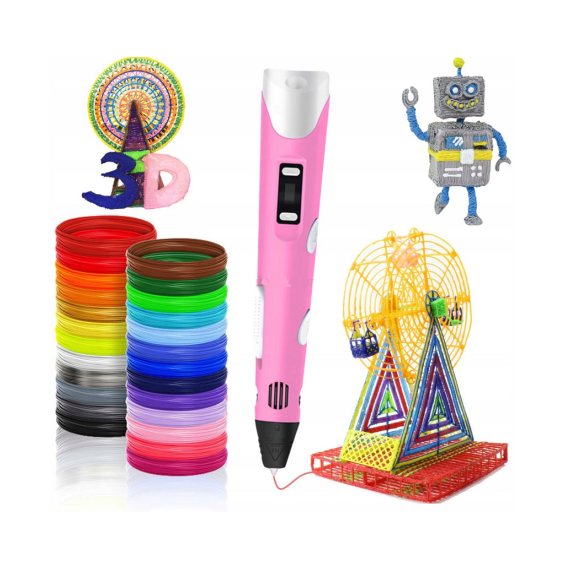 Penna 3D per disegni tridimensionali - Penna per stampa stereoscopica 3D pink + filamento PE12 con alimentatore - 3D PEN