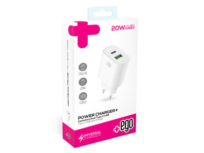Caricatore da rete doppia uscita Usb A - Usb C PD 20W Bianco