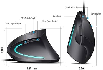 Mouse USB Cablato Mouse Verticale Ergonomico, Impugnatura Verticale e Design Ergonomico Previene Il Disturbo del Tunnel Carpale Adjustable 800/1200/1600 DPI, 5Pulsanti per PC/Laptop/Mac