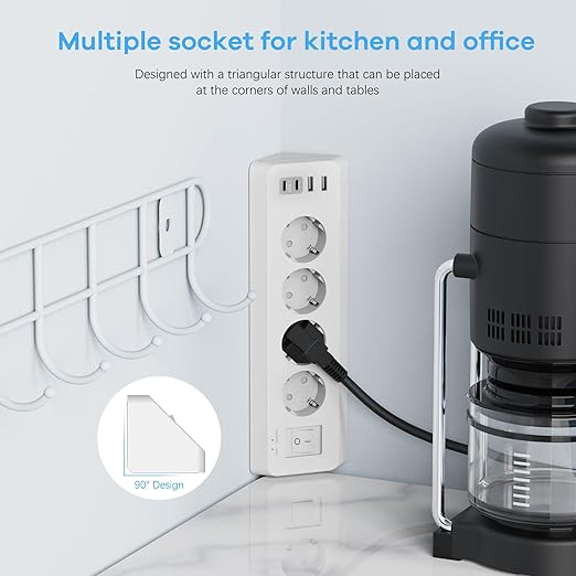 Presa Angolare Multipresa Elettrica con 2 USB-A, 2 USB-C e 4 Prese, Ciabatta con Interruttore e Protezione Sovratensione, Cavo 2m, Nero