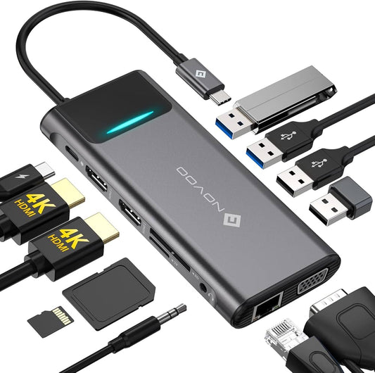 Docking Station USB C Triplo Display, NOVOO 12 in 1 Hub USB C con 2 HDMI, VGA, Ethernet, Lettore SD/TF, 4 USB,Audio da 3,5 mm e Ricarica Rapida PD 100W per MacBook/Dell/Surface/HP