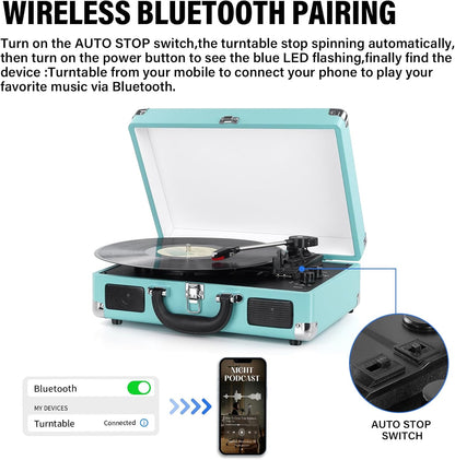 Giradischi Bluetooth, con 3 velocità e altoparlanti integrati, con uscita RCA/AUX-IN