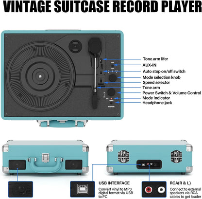 Giradischi Bluetooth, con 3 velocità e altoparlanti integrati, con uscita RCA/AUX-IN