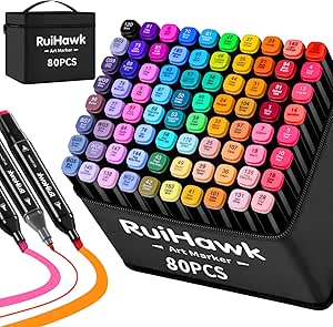 RuiHawk Pennarelli Doppia Punta, 80 Colori Marcatore 2S Asciugatura Rapida, Marker Pennarelli Professionali con Base e Borsa per Adulto Sketch, Colorare, Illustrazioni, Disegnare