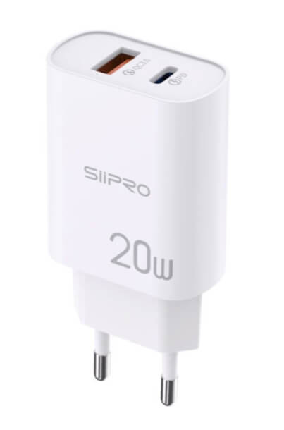Caricabatteria 1x USB 1x USB Type-C 20W White + cavo USB C TO Lightning SIIPRO