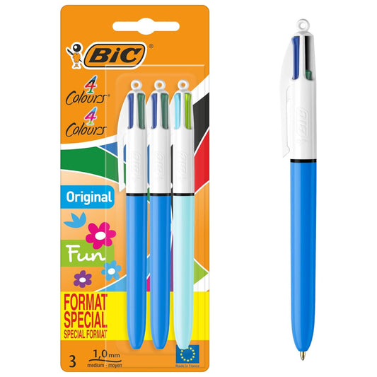 BIC 4Colori Fun, Penne a Sfera Multicolore a Scatto, Inchiostri Classici e Pastello, 3 Unità, Cancelleria Scuola, Università e Ufficio
