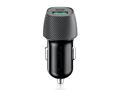 Caricatore Auto Universale Doppia Uscita Usb A / Usb C 20W Premium Nero