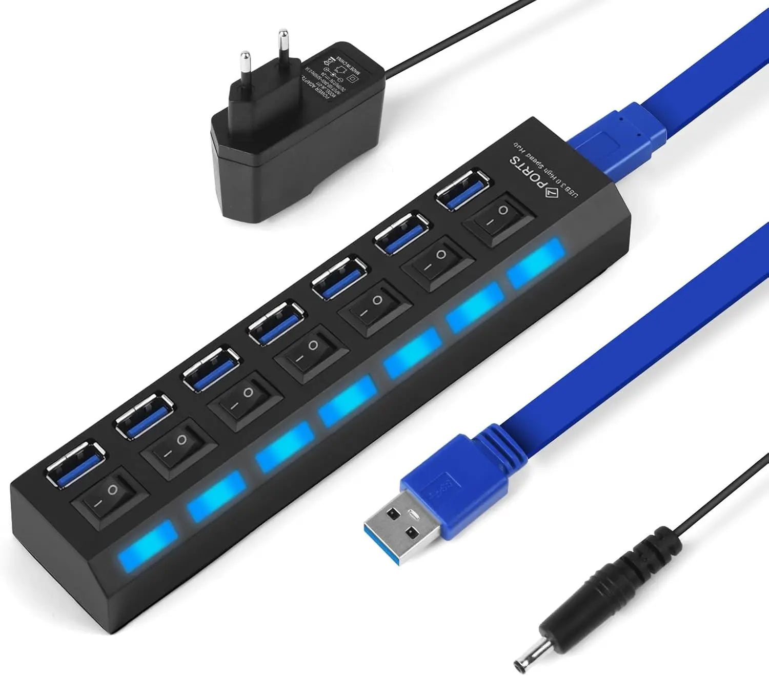 Hub USB Alimentatore 7 Porte (1 USB 3.0 6USB 2.0) Con Interruttori Individuali e Spie LED - Ciabatta Multi Presa USB - Sdoppiatore USB - per PC, Laptop, Stampante, MacBook, Mouse e Altro