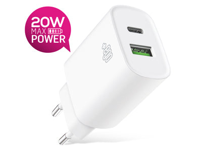 Caricatore da rete doppia uscita Usb A - Usb C PD 20W Bianco